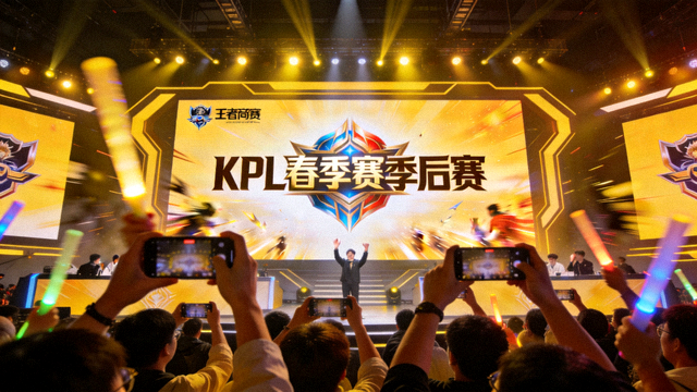 王者荣耀KPL春季赛季后赛现场巨型屏幕与欢呼人群的画面